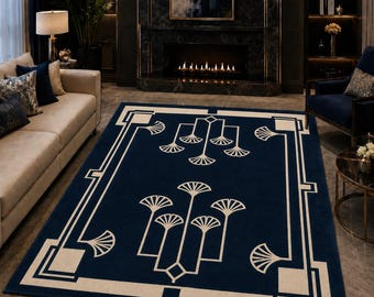 Navy Blue Art Deco Geometric Wool Rug, Cream Botanical Fan Pattern Carpet