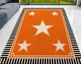 Orange Star Wool Rug, Black White Striped Border, Retro Geometric Statement Home Décor