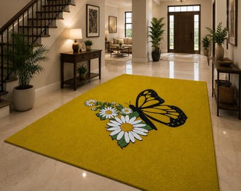Yellow Butterfly Rug, Daisy Flower Area Rug, Cottagecore Decor, Floral Nature Carpet, Home Accent