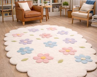 Pastel Floral Scalloped Wool Rug, Hand Tufted Cottagecore Decor