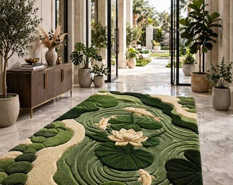 Hand Tufted Wool Pond Rug, Koi Fish Lily Pad Botanical Carpet Decor