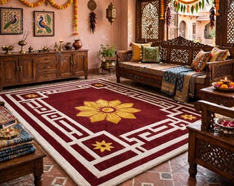 Hand Tufted Burgundy Floral Wool Rug, Luxury Geometric Living Room Carpet