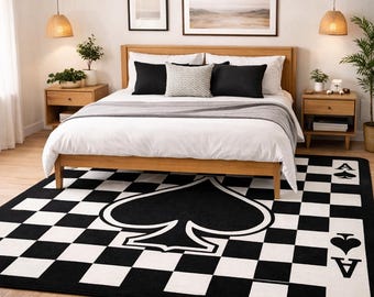 Hand Tufted Ace of Spades Rug, Black White Checkered Wool Casino Game Room Carpet