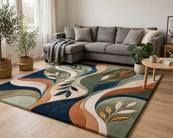 Hand Tufted Wool Rug, Abstract Botanical Design, Green Blue Beige Area Carpet
