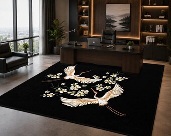Hand Tufted Crane Wool Rug, Black Floral Japanese Bird Carpet, Luxury Nature Design