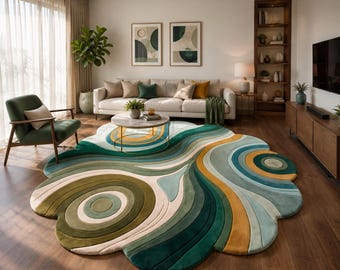 Organic Abstract Area Rug, Teal Green Wavy Rug, Modern Sculptural Carpet, Geometric Round Accent Rug, Contemporary Home Decor
