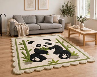 Hand Tufted Panda Bamboo Wool Rug, Nursery Playroom Carpet, Montessori Decor