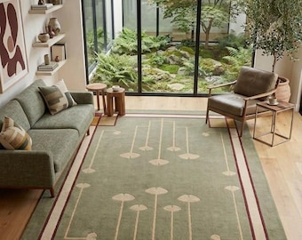 Sage Green Geometric Area Rug, Modern Art Deco Rug, Vintage Inspired Living Room Carpet, Bedroom Floor Decor, Minimalist Statement Rug