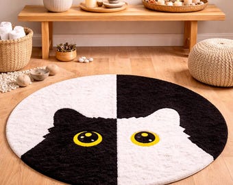 Hand Tufted Wool Rug: Modern Abstract Cat Design, Neutral Area Carpet