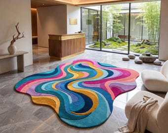 Colorful Abstract Wavy Rainbow Rug, Modern Playroom Carpet, Organic Children's Room Accent