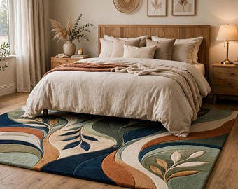 Hand Tufted Wool Rug, Abstract Botanical Design, Green Blue Beige Area Carpet