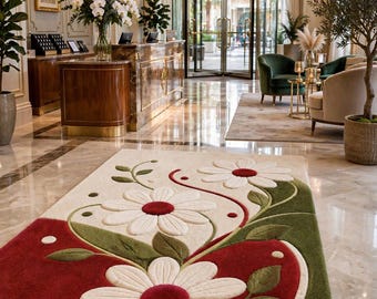Hand Tufted Wool Daisy Area Rug, Botanical Floral Carpet, Luxury Living Room Decor