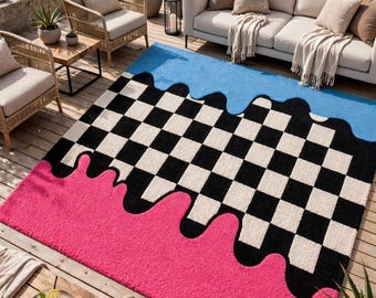 Hand Tufted Wool Rug, Checkered Drip Abstract Carpet, Pink Blue Black White Home Decor