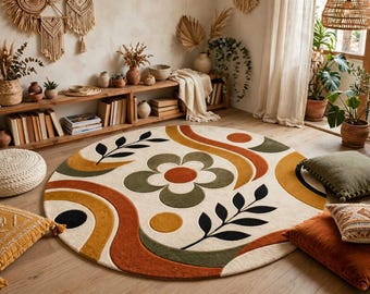 Hand Tufted Wool Rug, Mid Century Modern Floral Carpet, Boho Living Room Decor