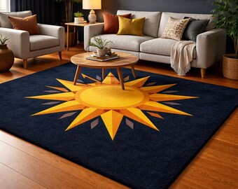 Hand Tufted Sun Rug, Celestial Wool Area Carpet, Navy Yellow Modern Bedroom Nursery