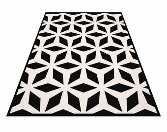 Hand Tufted Wool Geometric Rug, Modern Black White Minimalist Carpet
