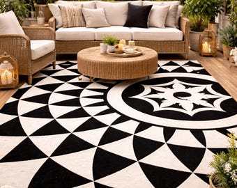 Hand Tufted Wool Rug: Modern Abstract Black Beige Carpet, New Zealand Wool Home Decor