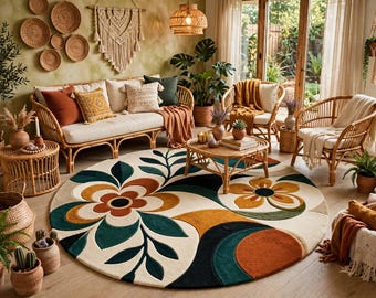 Hand Tufted Round Wool Rug, Mid Century Modern Botanical Floral Carpet