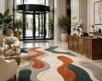Hand Tufted Wool Rug, Abstract Wavy Geometric Scandinavian Carpet, Living Room Decor