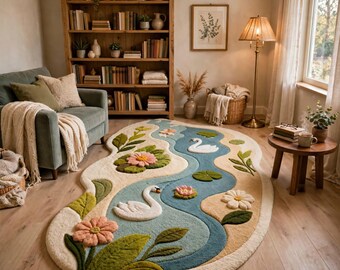 Hand Tufted Wool Swan Pond Rug, Botanical Floral Nature Carpet, Cottagecore Living Room