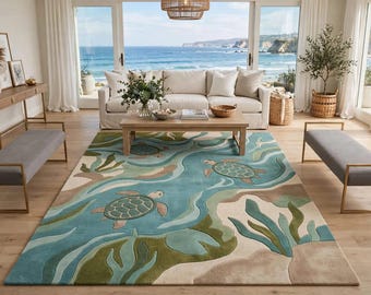 Sea Turtle Ocean Area Rug, Hand Tufted Wool, Coastal Beach House Decor
