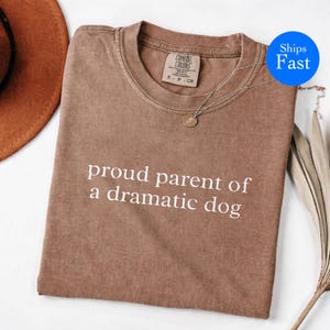 May include: A brown Comfort Colors t-shirt with the text "proud parent of a dramatic dog" in white. A silver necklace with a small pendant is on the shirt. A brown hat is partially visible in the upper left corner.