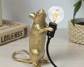 Mouse Table Lamp Ornament, Resin Animal Light Decor for Shelf Styling, Cute Modern Home Decoration Gift, Gold Mouse for Home Decor