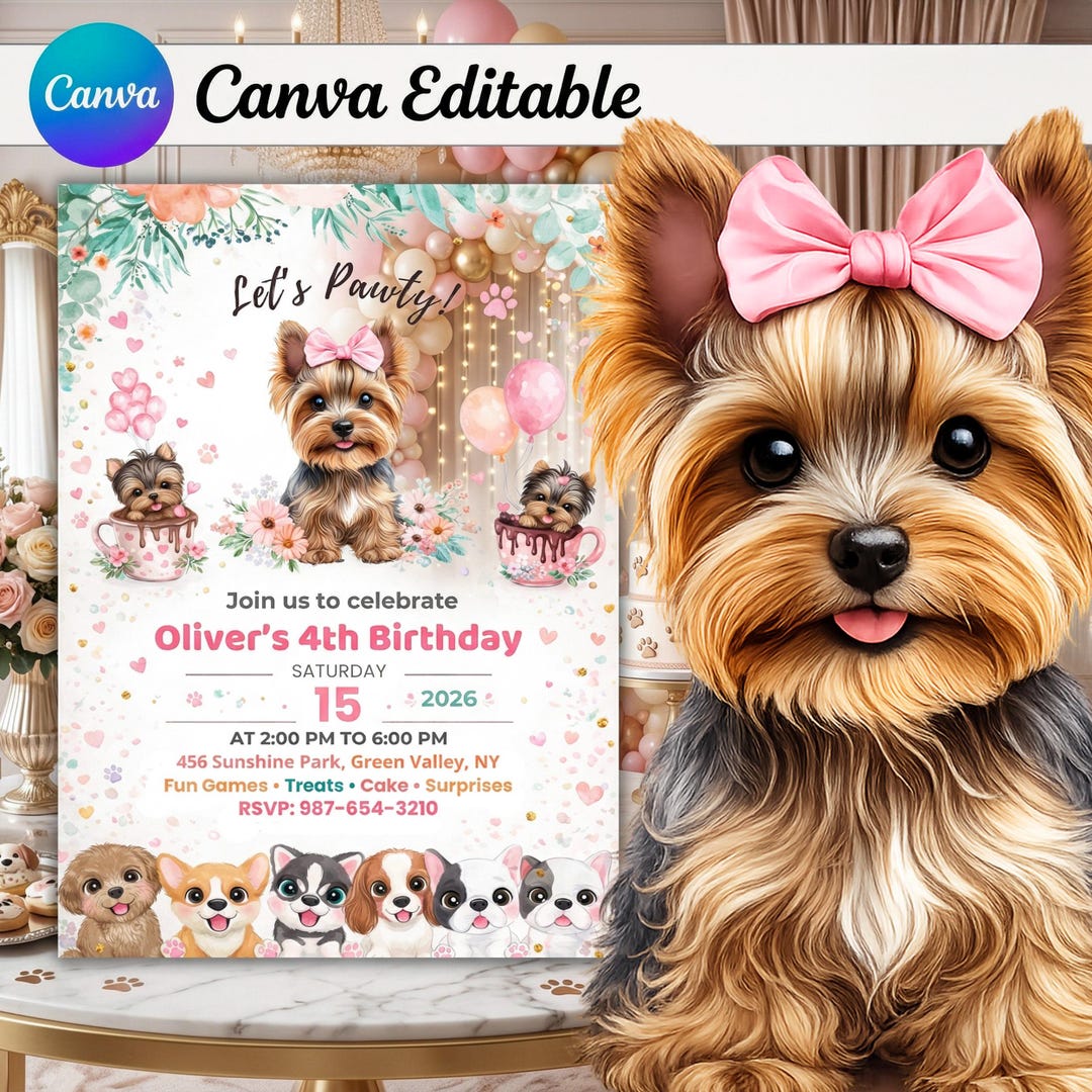 Dog Birthday Invitation Template, Puppy Party Invite, Editable Canva ...