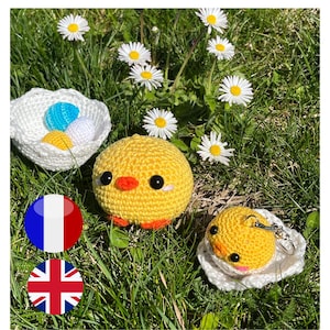 Patron Pattern PDF Crochet Poussin et coquille et version porte-clés. Oeufs de Pâques-Kawaii-Mochi-Amigurumi. Easter chicks, eggs, eggshell.