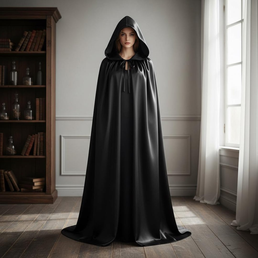 Hooded Black Cloak | Full Length Costume Cape | Mystical Halloween Robe ...