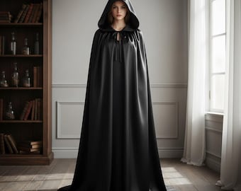 Mantello nero con cappuccio / Mantello lungo per costume / Veste mistica di Halloween
