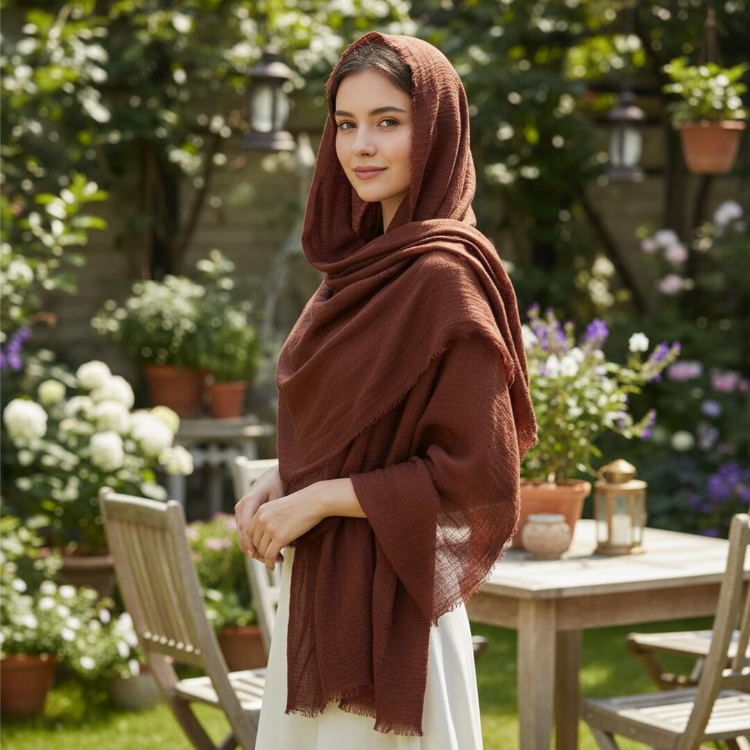 Crinkled Cotton Shawl Rustic Brown Head Scarf Versatile Boho Wrap — free download