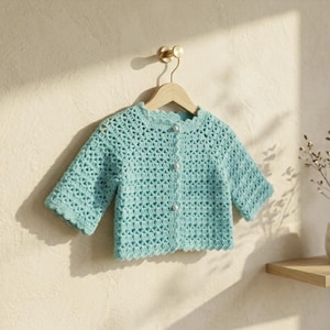 May include: A light blue crochet cardigan with a scalloped edge and three pearl buttons. The open weave design. The cardigan is hanging on a wooden hanger against a neutral wall.
