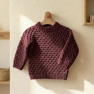 May include: A burgundy-colored, open-weave sweater with long sleeves, hanging on a wooden hanger. The sweater has a high, ribbed neckline and ribbed cuffs. The knit pattern creates a textured, breathable design. The sweater is likely for a child.