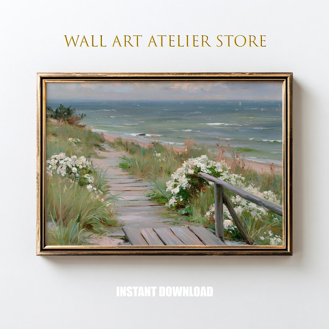 Serene Boardwalk Seascape Painting, Coastal Beach Path Wall Art ...