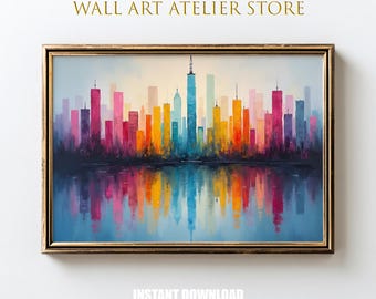 Arte mural de horizonte urbano moderno: vibrante paisaje urbano, colorido atardecer en rascacielos, decoración contemporánea imprimible, pintura abstracta audaz 149