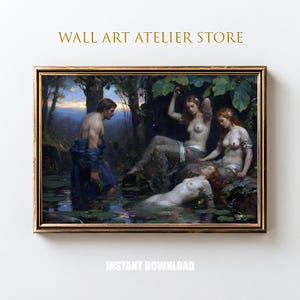 May include: A framed print of a classical painting featuring figures in a forest setting. The artwork depicts several nude figures near water, with lush greenery and a golden frame. The text "WALL ART ATELIER STORE" and "INSTANT DOWNLOAD" are visible.