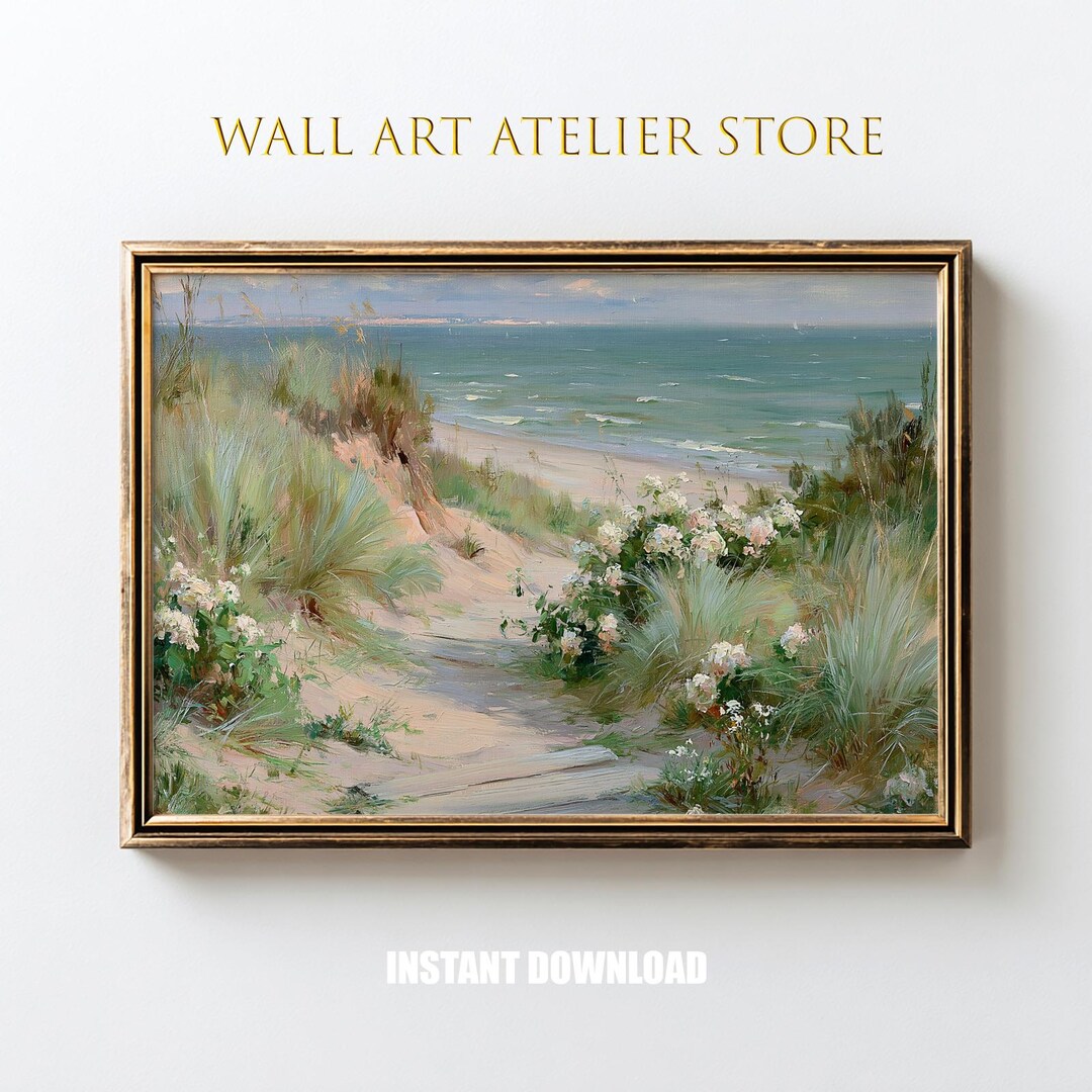 Serene Coastal Path Painting, Tranquil Beach Dune Landscape Art ...