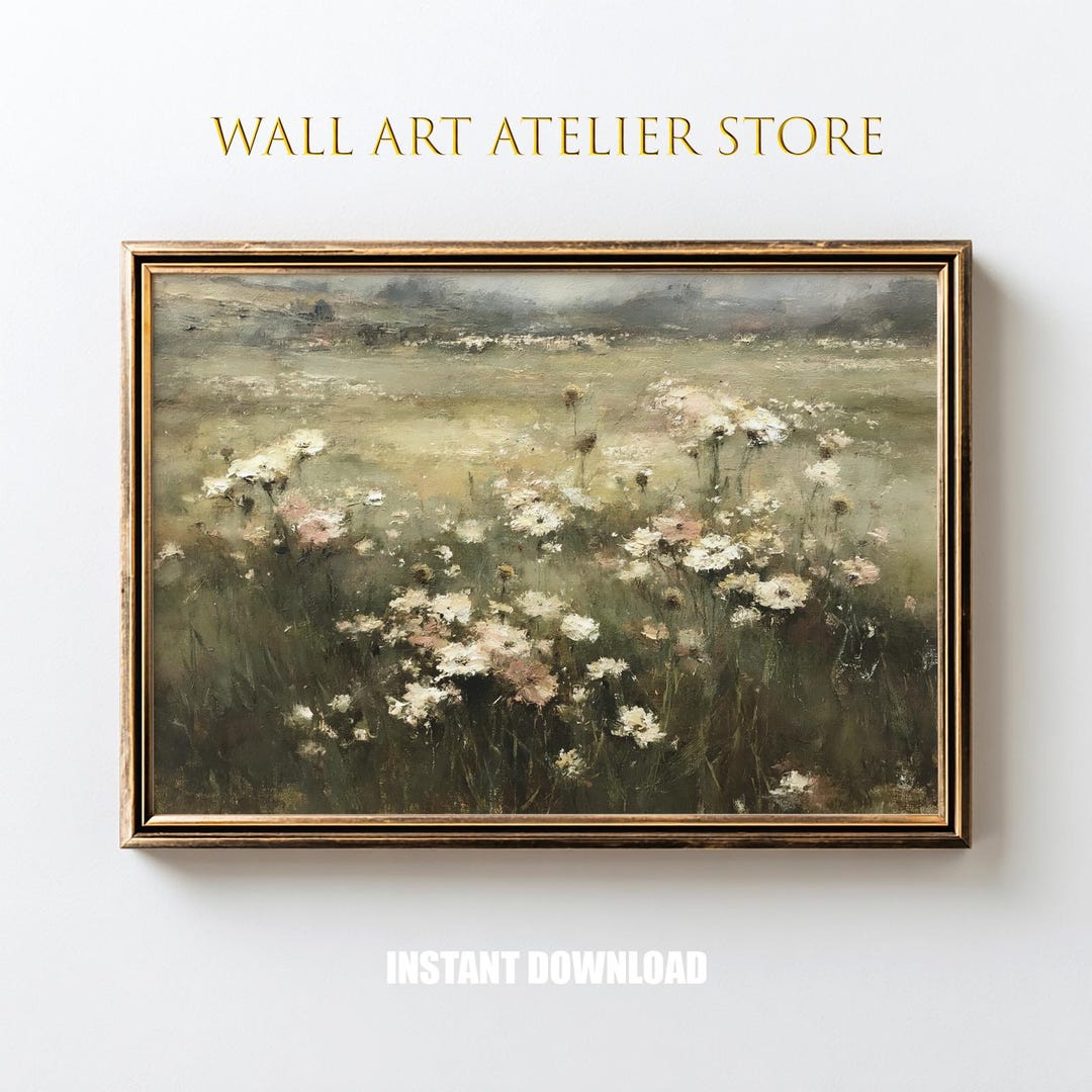 Moody Wildflower Meadow Art - Cottagecore Vintage Style, Serene Natural ...