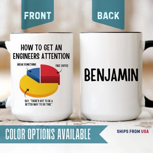 May include: A white ceramic mug with a black handle and rim. The front features a pie chart graphic with the text HOW TO GET AN ENGINEERS ATTENTION, BREAK SOMETHING, FREE COFFEE, and SAY, THERE'S GOT TO BE A BETTER WAY TO DO THIS. The back displays the name BENJAMIN.