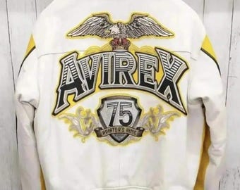 Avirex Yellow Leather Bomber Jacket, Vintage Aviator King 75 USA Icon