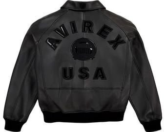 Avirex Black Leather Jacket, Genuine Cowsoft Streetwear Coat