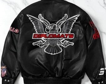 Harlem Diplomats Leather Bomber Jacket: Embroidered Eagle Varsity Style