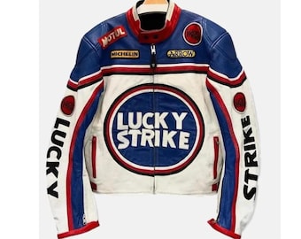 Vintage LUCKY STRIKE Motorcycle Riding Motor Bike Moto GP Racing Leather Jacket