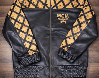 MCM Monogram Streetwear Black Leather Bomber Jacket , genuine Cowhide Varsity Coat