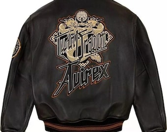 Avirex Twin Dragon zwart echt rundleer bomberjack - handgemaakt American Flight Icon-jack