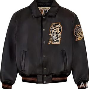 May include: Black leather jacket with a button-up front, a collar, and ribbed cuffs and hem. Features embroidered patches with the brand name and the number 24. The jacket has two front pockets.