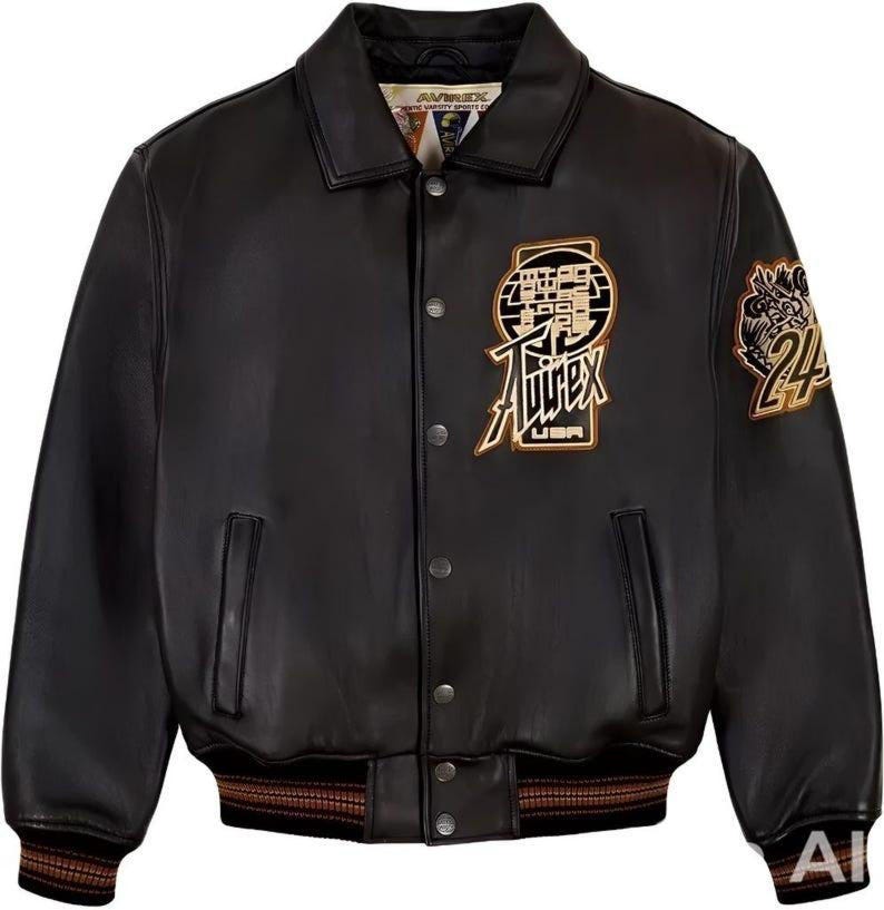 May include: Black leather jacket with a button-up front, a collar, and ribbed cuffs and hem. Features embroidered patches with the brand name and the number 24. The jacket has two front pockets.