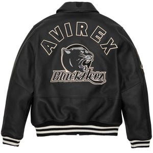 May include: Black leather jacket with the word "AVIREX" arched across the shoulders. A panther graphic and the words "Black Aces" are below the brand name. The jacket has a ribbed collar, cuffs, and hem with white stripes.