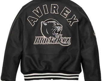 Avirex Black Aces Real Bomber American Flight Leather Streetstyle Jacket Genuine Cowsoft